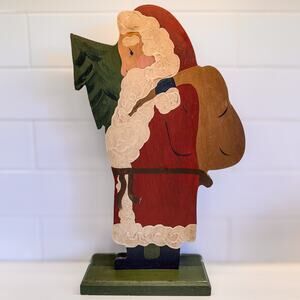 Hand Painted, Christmas Folk Art Santa Claus w/ Tree, Wooden Decor, 15” Tall